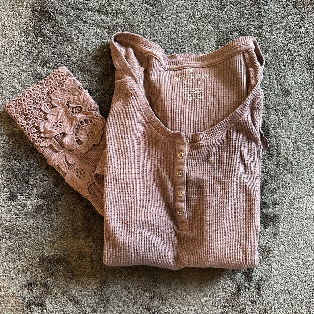 Purple Henley Top with Lace Detail